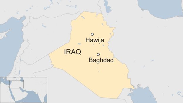 Map of Iraq showing Hawija and Baghdad