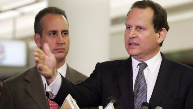 Cuban-American member of the US House of Representatives Lincoln Diaz-Balart (Right) speaks during a press conference at Miami's International Airport after he and his brother Rep. Mario Diaz-Balart (Left) returned from Washington, DC on 2 August 2006.