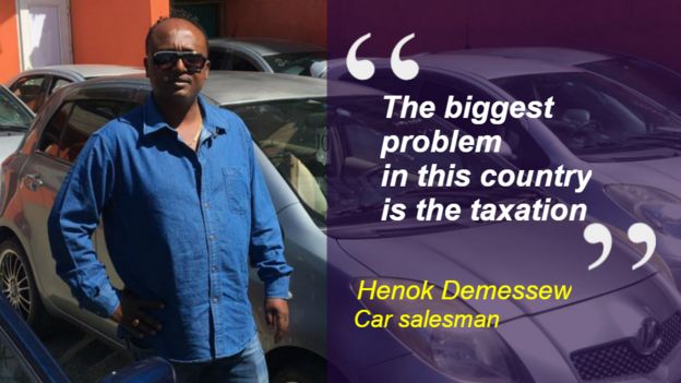 Henok Demessew at his car sales business in Addis Ababa, Ethiopia. Quote: 