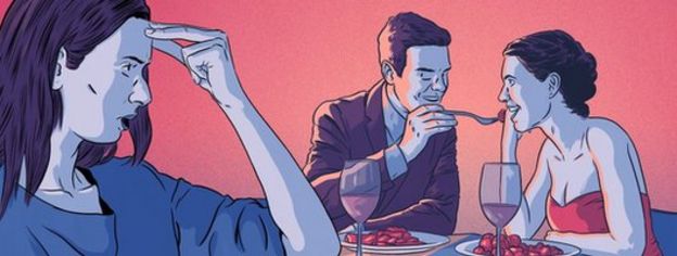 Illustration of a woman seeing her boyfriend on a date with another woman