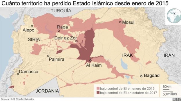 Mapa del territorio que controla EI en Irak y Siria.