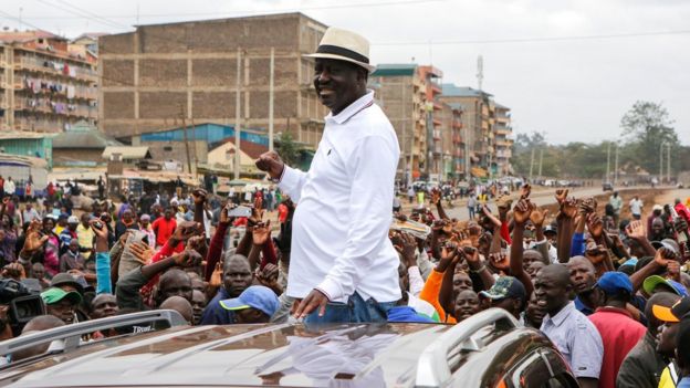 Raila Odinga addresses his supporters, who were facing off against police during their running battles in Riverside area in Ruaraka, in Nairobi, Kenya, 19 November 2017