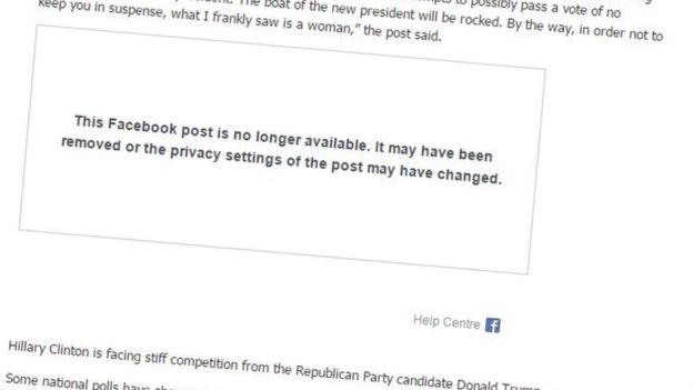 A screen grab from Citi FM in Ghana, saying a Facebook post is no longer available
