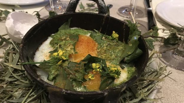 Danish chef Mads Refslund prepared duck eggs with mushrooms and fermented red peppers for some fortunate conference attendees