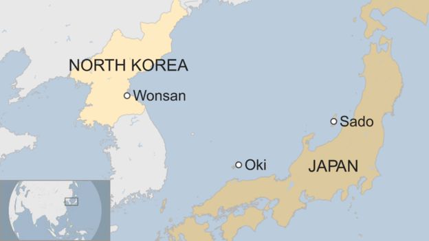 Map showing Oki and Sado in Japan, and Wonsan in North Korea