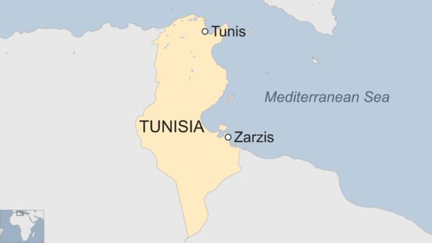 Map of Tunisia highlighting Zarzis and Tunis