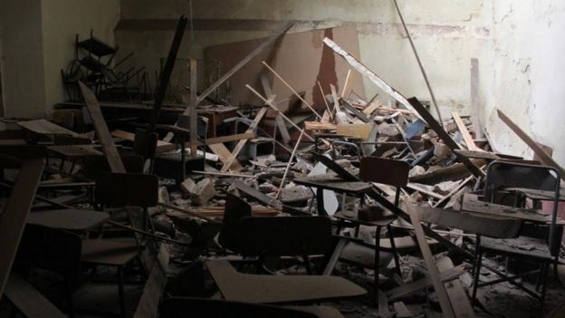 Daños por el terremoto en una escuela en Quetzaltenango, Guatelama.