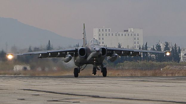 A Russian bomber lands at the Russian Hmeimim military base in Latakia province, in the northwest of Syria, 16 December 2015