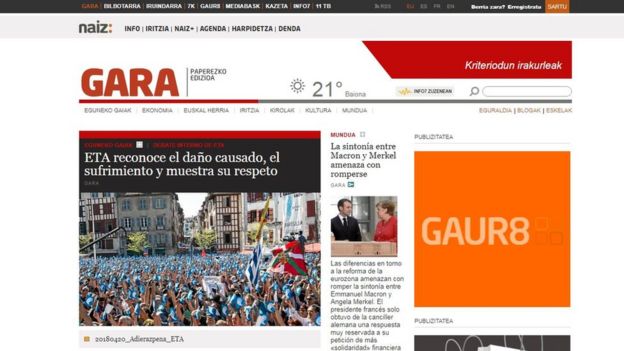 Portada del periódico GARA