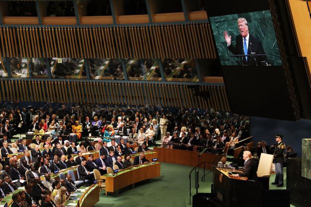 Donald Trump speaks to world leaders at the UN General Assembly at UN headquarters in New York, 19 September