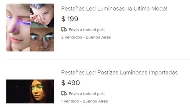 Imagen de ofertas de pestañas LED en Mercado Libre Argentina
