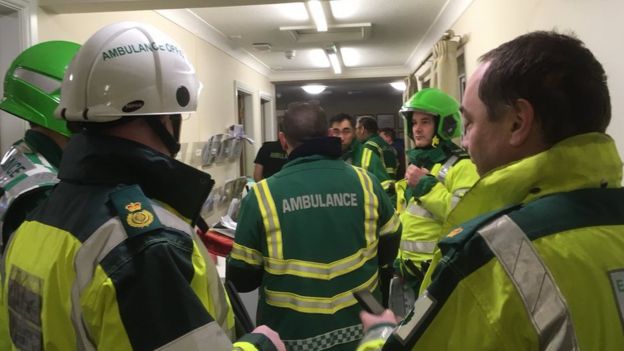 East of England Ambulance staff at the care home in Stevenage.