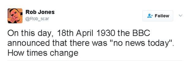 Tweet reads: On this day, 18th April 1930 the BBC announced that there was 