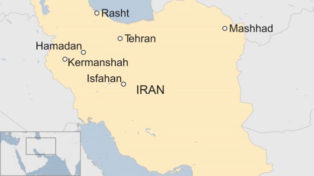 Map showing several cities in Iran where protests have occurred