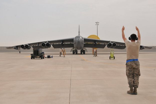 A US air force B-52 Stratofortress bomber arrives at Al Udeid Air Base, Qatar, 9 April 2016