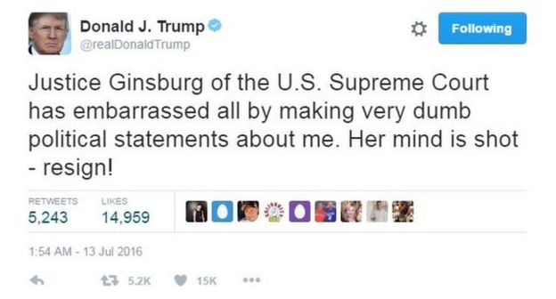 Image result for IMAGE OF TRUMP'S TWITTER ON RUTH BADER GINSBURG