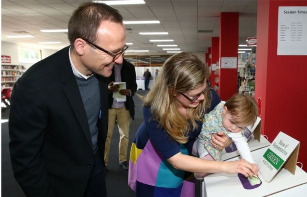 Greens MP Adam Bandt votes with his family in Melbourne, 2 July 2016