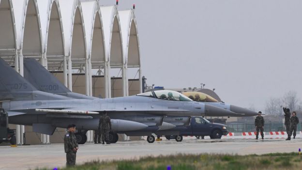 South Korean KF-16 jet fighters prepare for take off during the 'Max Thunder' South Korea-US military joint air exercise at a US air base in the southwestern port city of Gunsan