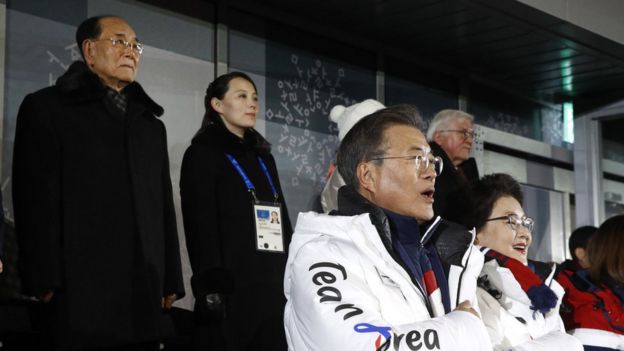 El presidente surcoreano, Moon Jae-in (Primera fila, a la izquierda) y Kim Yo-Jong (segunda fila, en el centro), en los Juegos de PyeongChang.