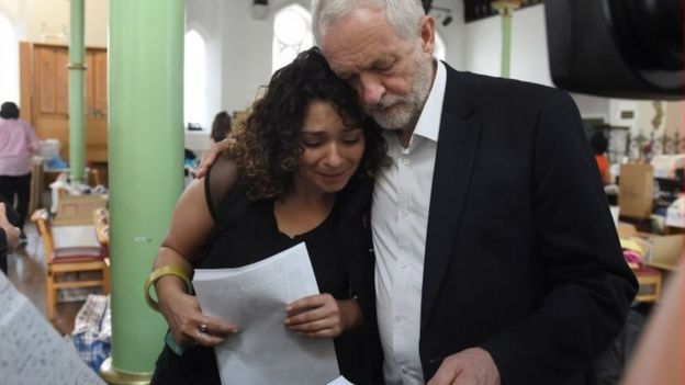 Jeremy Corbyn com um residente na Igreja de St Clement no oeste de Londres