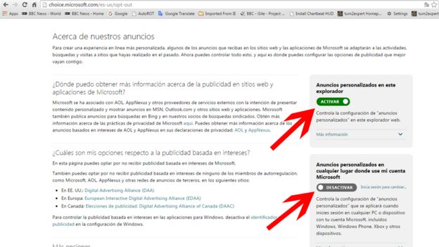 La página de Microsoft para desactivar los avisos