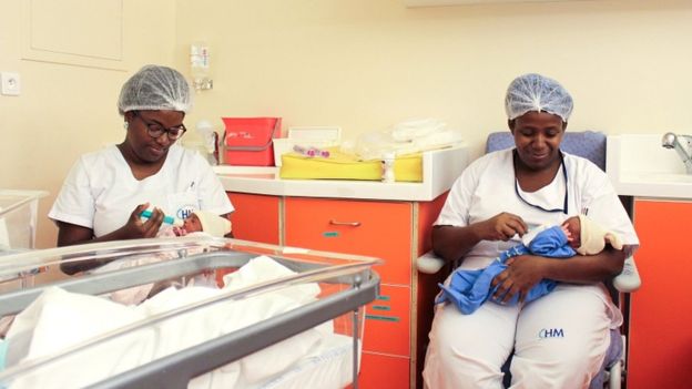 Nurses feed and care for newborn babies in the nursery and intensive care unit of the Mayotte Maternity Hospital in Mamoudzou on 14 March 2018