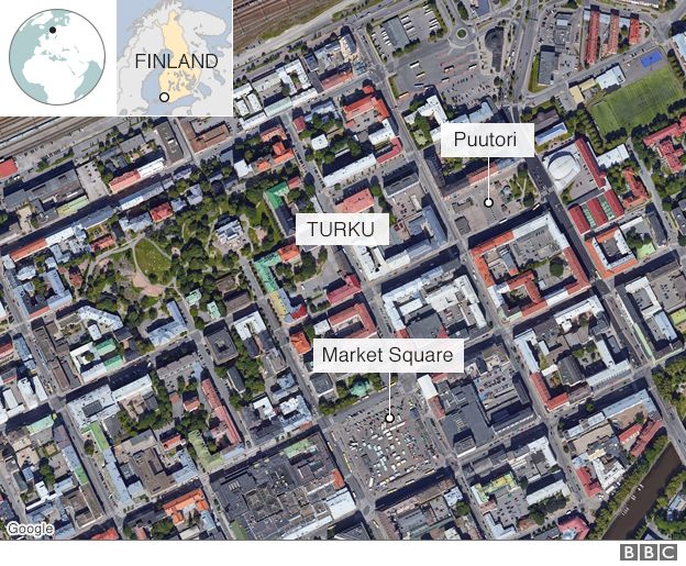 Un mapa que muestra la plaza del mercado y Puutori en relación con Turku