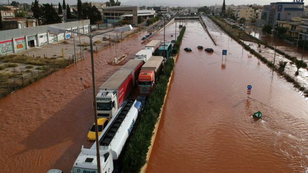 A general view of the flood on a national road at Mandra, near Athens