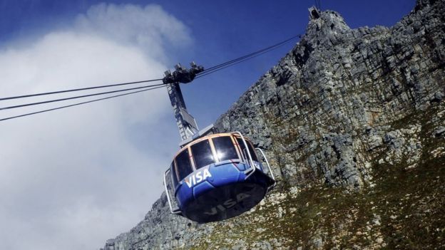 A cable car makes its way up on the Table mountain cableway on May 7, 2010 in Cape Town, South Africa.