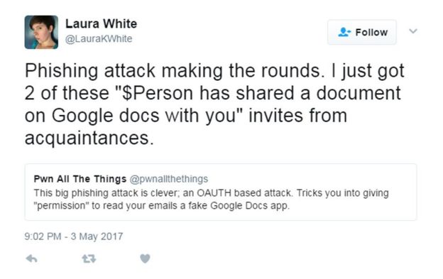 Image of tweet from a Google Docs phishing recipient