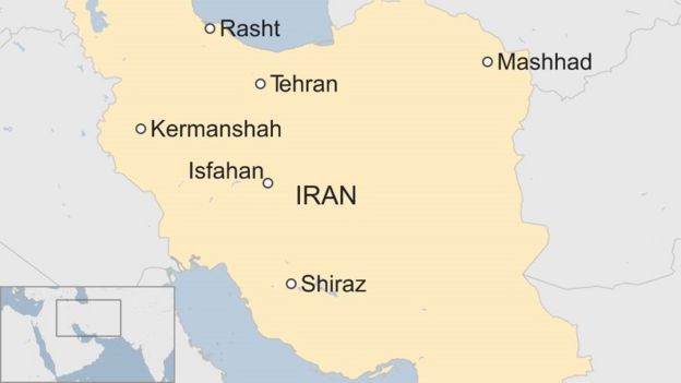 Map showing cities in Iran where protests are occurring