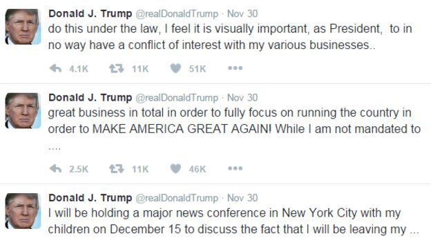 Trump's tweets about his business interested in November