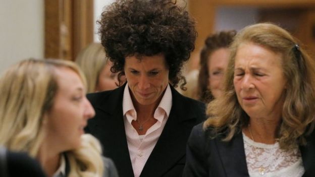 Accuser Andrea Constand reacts after leaving the courtroom following deliberations in Bill Cosby