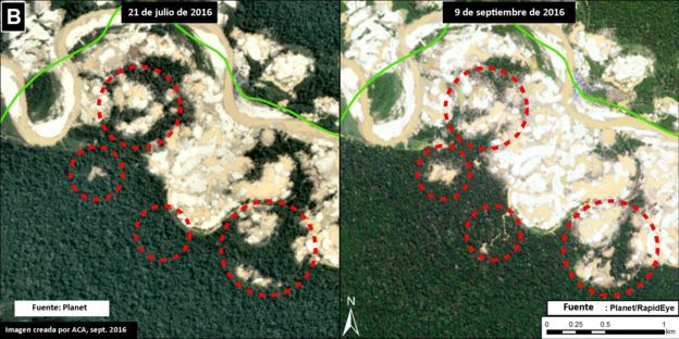 Imagen satelital de la deforestación en la Reserva Nacional de Tambopata, en Madre de Dios, Perú.