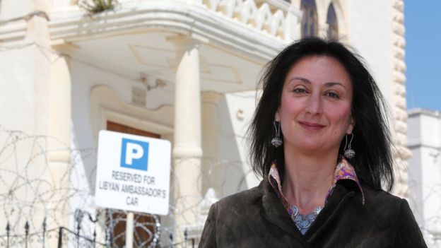 Maltese investigative journalist Daphne Caruana Galizia poses outside the Libyan Embassy in Valletta April 6, 2011.