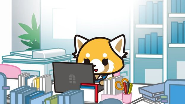 Image of Aggretsuko, smiling in an office.