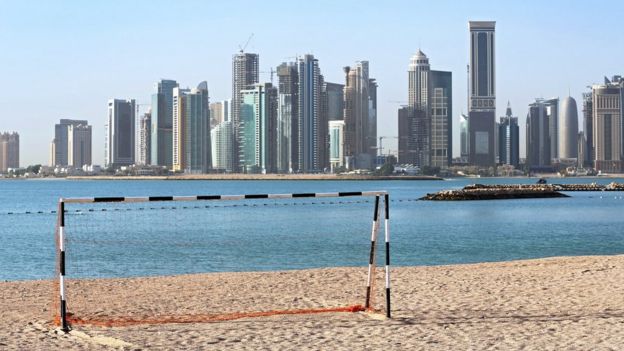 File photo showing a football goal on a beach in Doha, Qatar (21 April 2015)