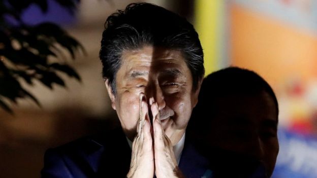 Japan's Prime Minister Shinzo Abe gestures at an election campaign rally in Tokyo, Japan October 20, 2017.