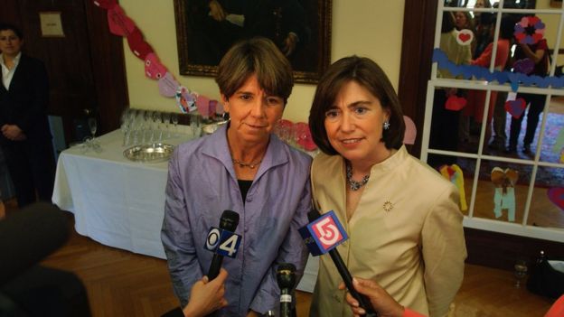 Hillary (L) and Julie Goodridge attend a ceremony on May 17, 2005 to celebrate the one year anniversary of the passing of the same sex marriage law in Boston, Massachusetts.