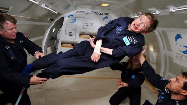 In this file photo taken on April 26, 2007 and released by Zero G, British cosmologist Stephen Hawking experiences zero gravity during a flight over the Atlantic Ocean