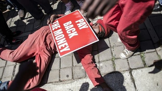 Thousands of South African opposition Economic Freedom Fighter (EFF) supporters, march towards the constitutional court where judges heard a case over public money spent on President Jacob Zuma's private house on February 9, 2016 in Johannesburg