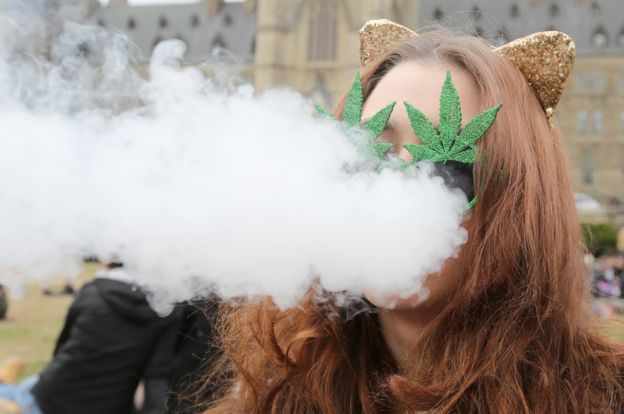 Mujer fumando marihuana ante el Parlamento de Canadá.