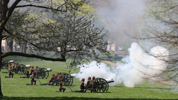 Members of the King's Troop Royal Horse Artillery take part in a 53 gun salute in Green Park
