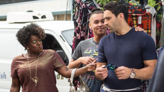 Tameka Empson with Shaheen Jafargholi as Shakil and Davood in EastEnders