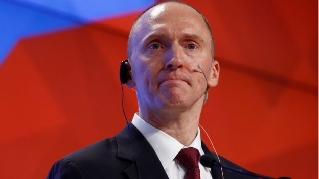 Carter Page addresses the audience during a presentation in Moscow, Russia, 12 December 2016
