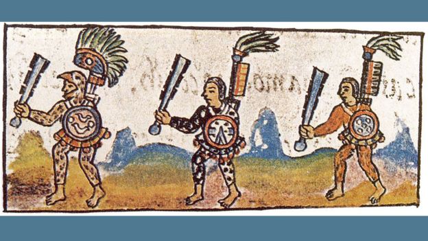 Guerreros aztecas como se muestra en el C??dice Florentino del siglo XVI (Vol. IX). Cada guerrero est?? blandiendo un maquahuitl.