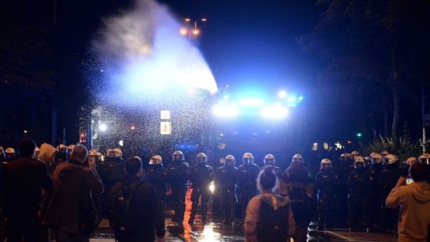 German police use water canon to disperse protesters in Hamburg. Photo: 5 July 2017