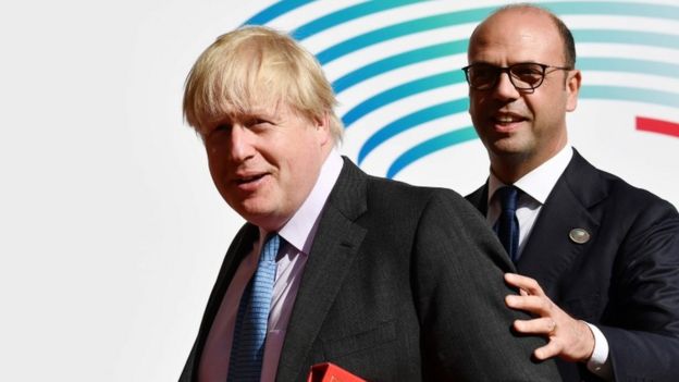 Boris Johnson (L), with Italian Foreign Minister Angelino Alfano