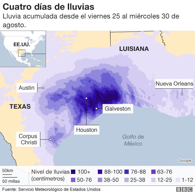 Mapa que muestra las lluvias desde el viernes 25 al miércoles 30 de agosto en Texas.