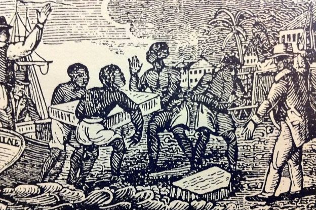 Esclavos bajando hielo de un barco en Cuba en 1832.